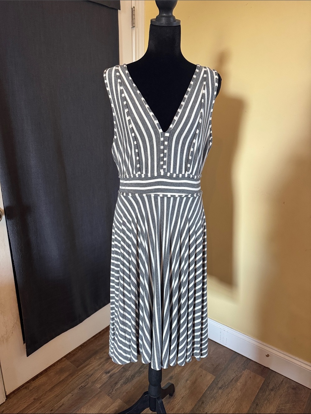 Sophie Max Gray & White Striped V-Neck Fit-and-Flare Dress